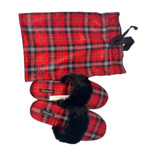 Victorias‎ Secret Womens Christmas Plaid Slippers With Bag Size L Faux Fur NWT